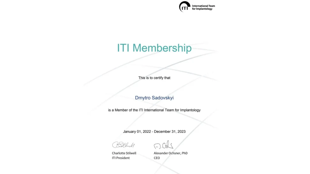 Сертифікат членства Дмитра Садовського в International Team for Implantology