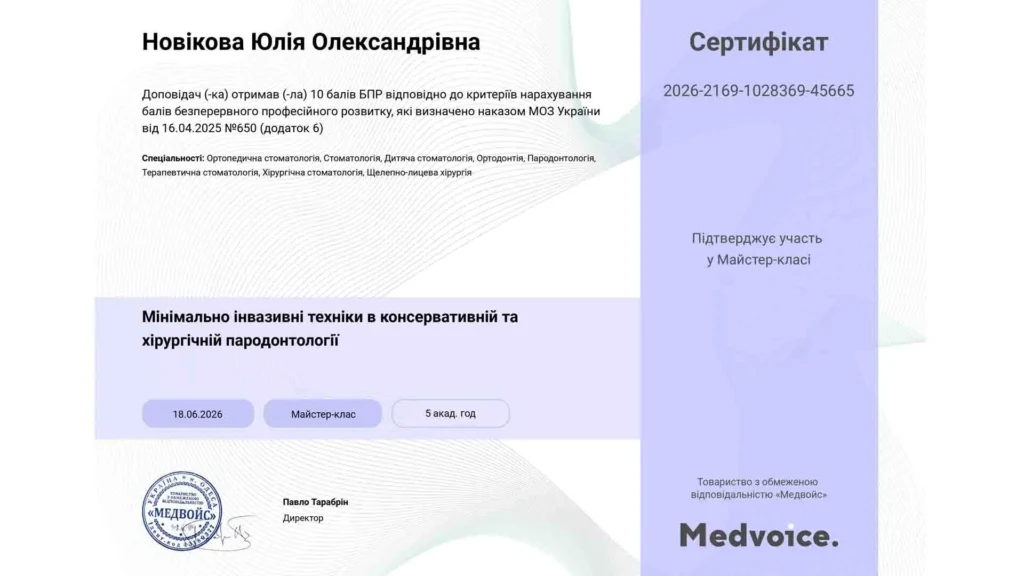Сертифікат лікаря пародонтолога Новікової Юлії Олександрівни «Мінімально інвазивні техніки в консервативній та хірургічній пародонтології»
