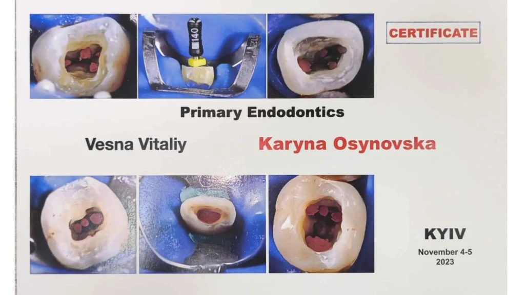 Сертифікат стоматолога Карини Осиновської, що засвідчує проходження курсу Primary Endodontics