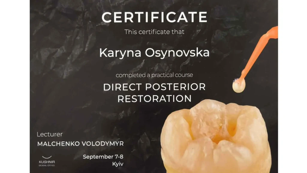 Сертифікат Карини Осиновської, що засвідчує проходження практичного курс з прямої реставрації жувальних зубів