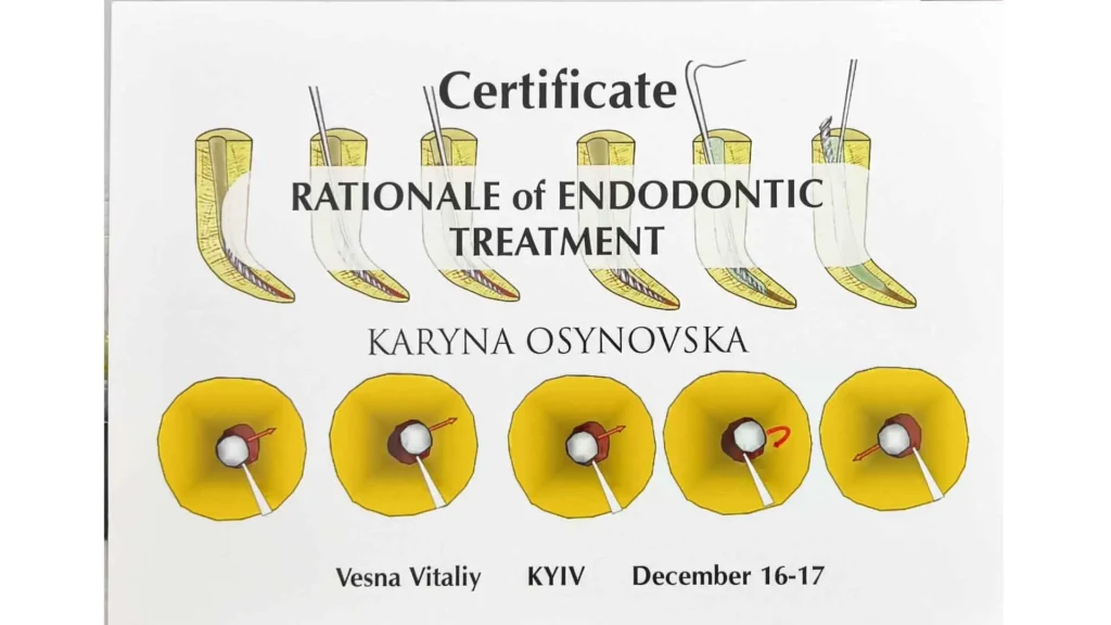 Сертифікат стоматолога Карини Осиновської, що засвідчує проходження курс з ендодонтичного лікування