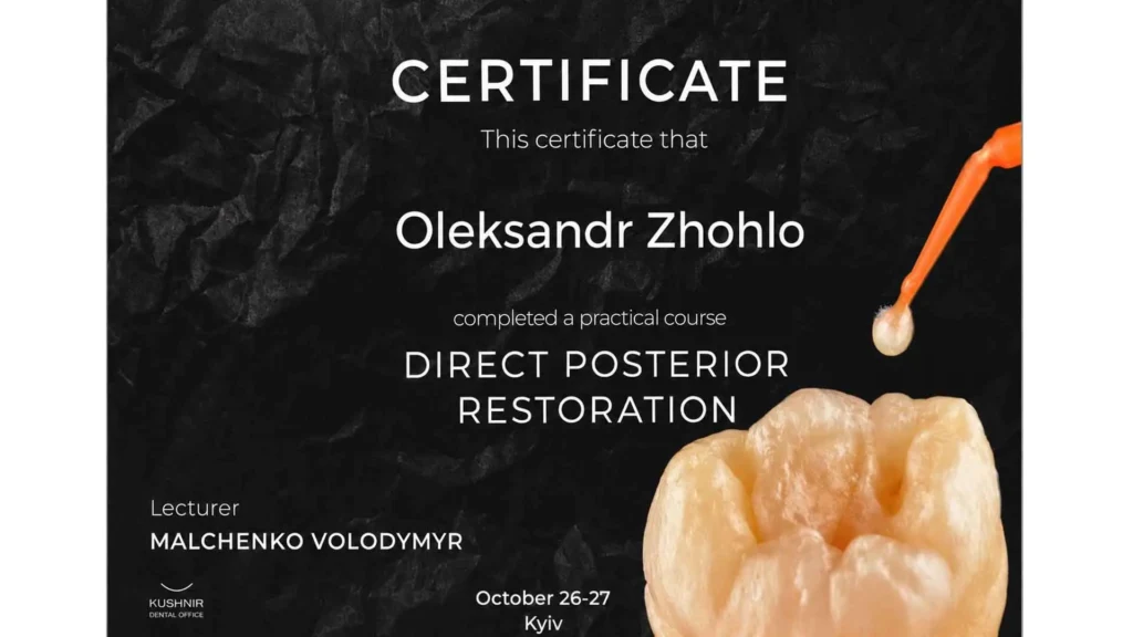 Сертифікат Олександра Жогло, що засвідчує проходження практичного курсу Direct Posterior Restoration